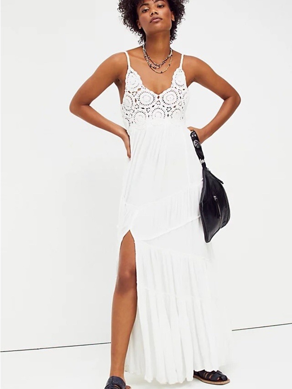 Free People White Crochet Bodice Maxi Dress with Side Slit
